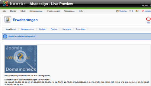 Aha Domaincheck - Erfolgreiche Installation