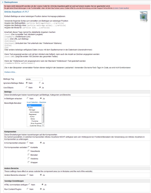 Articles Anywhere - Optionen