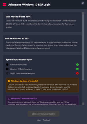 Ashampoo Windows 10 ESU Login Oberfläche