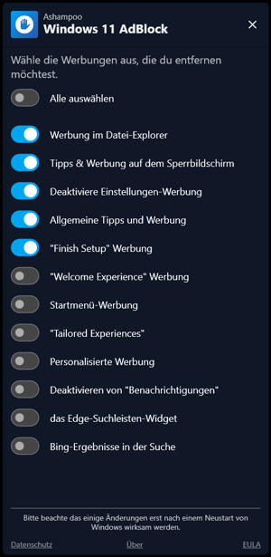 Ashampoo Windows 11 Ad-Block - Einstellungen