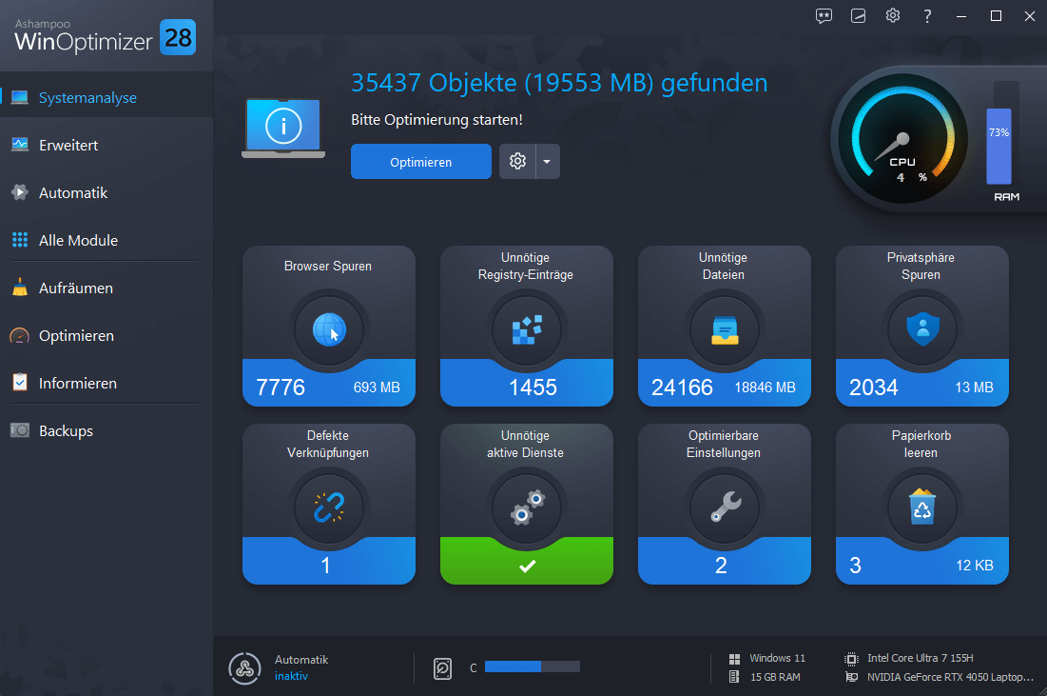 WinOptimizer 28 mit 35 Modulen zur Systemoptimierung