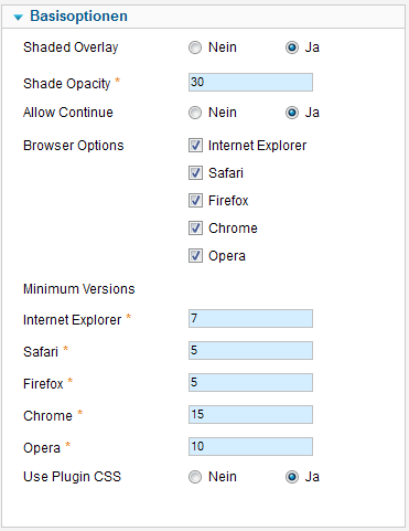 Browser Upate Warning - Optionen