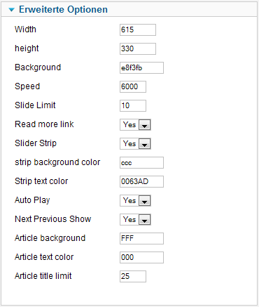 Combo Slider - Moduloptionen