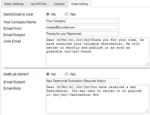 Testimonial - Email Settings