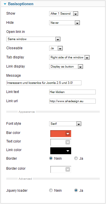 jBar - Basisoptionen