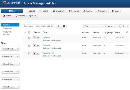 Joomla 3.0 Alpha 2 - Article Manager