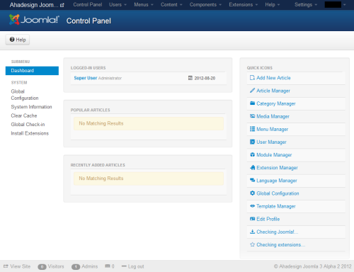 Joomla 3.0 Alpha 2 - Control Panel