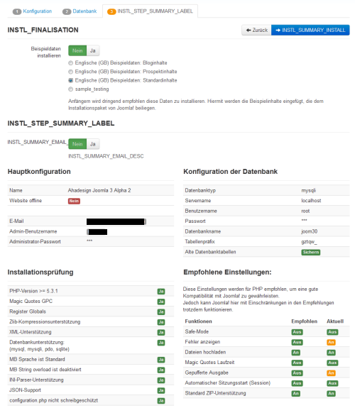 Joomla 3.0 Alpha 2 - Installation fertigstellen