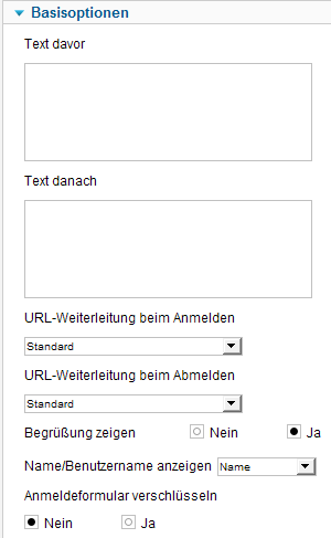 Login Formular - Optionen