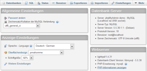 phpMyAdmin 4 - Oberfläche