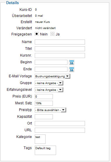 Seminar Manager - Kursvorlage Details