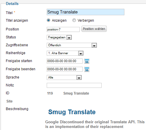 Smug Translate - Einstellungen