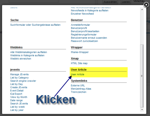 User Article - Eintragsauswahl