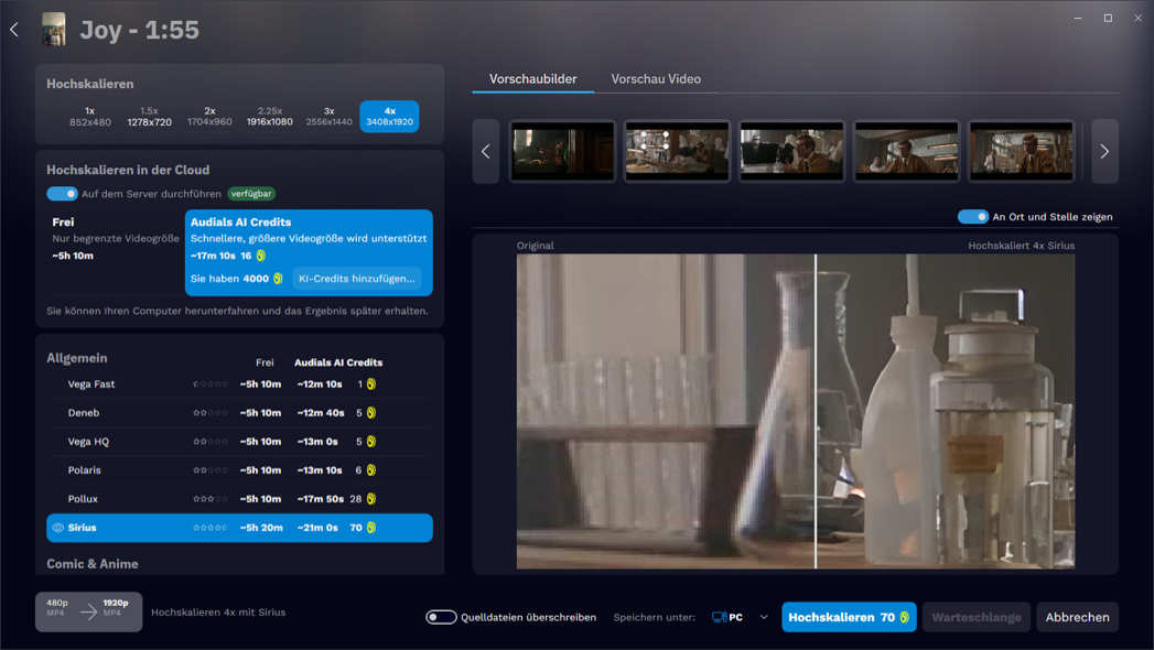 Cloud-Upscaling mit und ohne AI-Credits