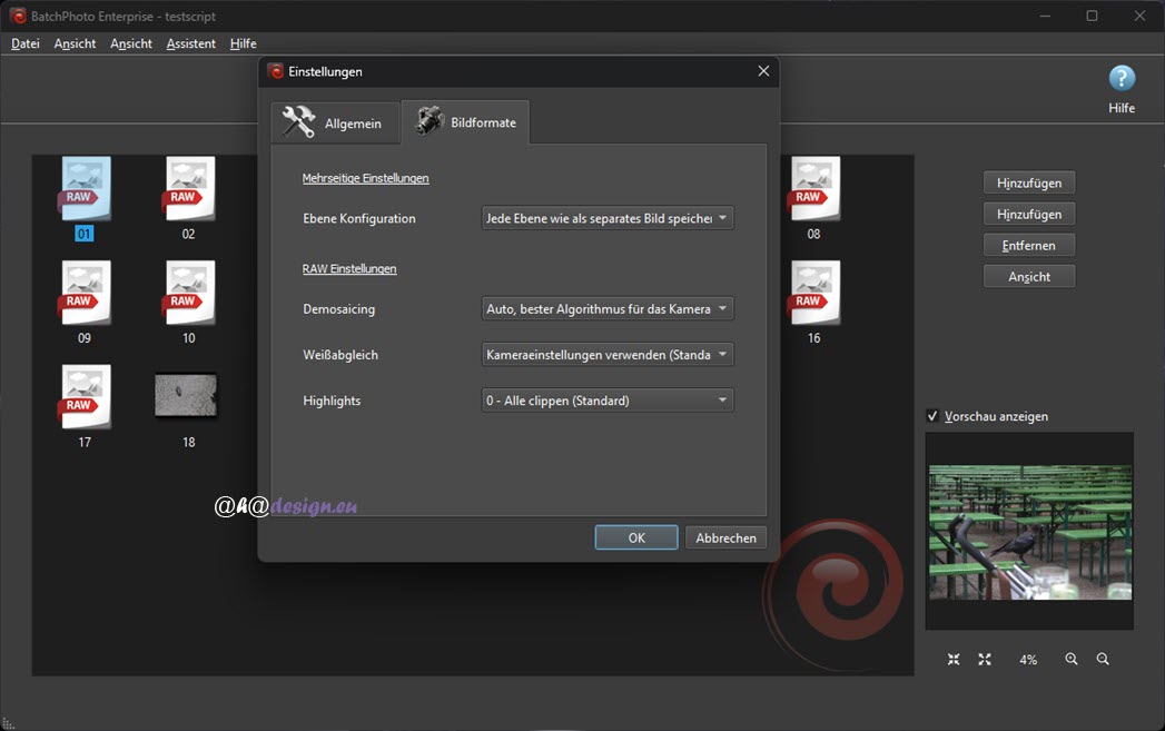 BatchPhoto - Ansicht - Einstellungen - Bildformate