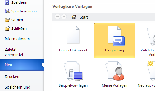 Word Vorlagenauswahl