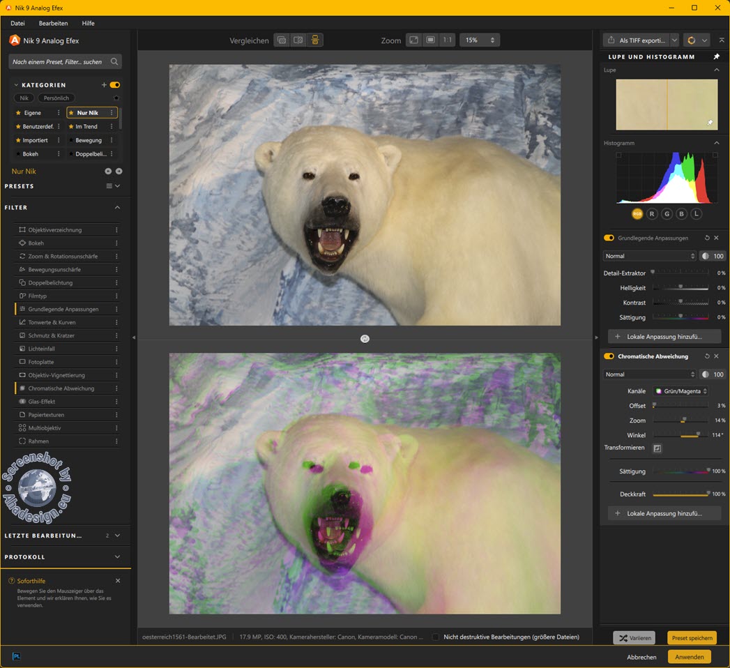 Chromatische Abweichung zum gezielten Verschieben von Farbebenen