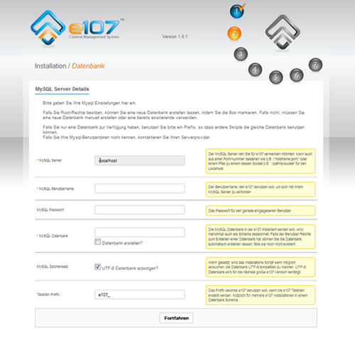e107 - Datenbankinstallation