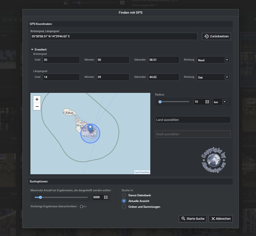 Excire Foto 2024 - Finden mit GPS - Fenster