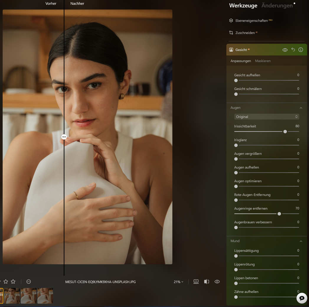 Gesicht AI entfernt wirkungsvoll Augenränder
