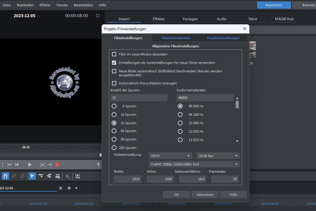 Magix Video Deluxe 2024 - Filmeinstellungen
