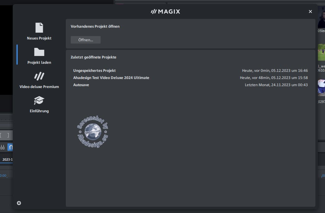 Magix Video Deluxe 2024 - Startdialog - Vorhandene Projekte