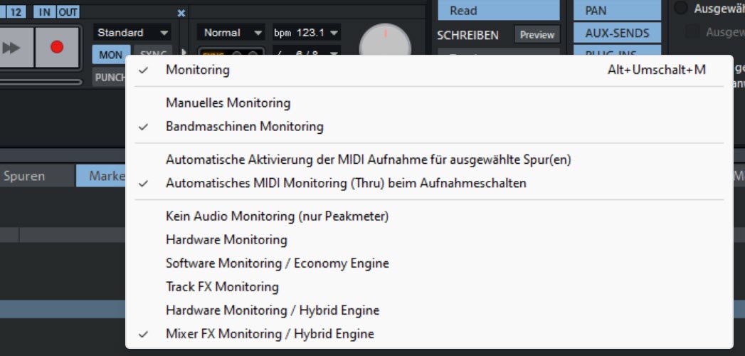Economyspur in Samplitude Pro X8 - Monitoring-Einstellungen