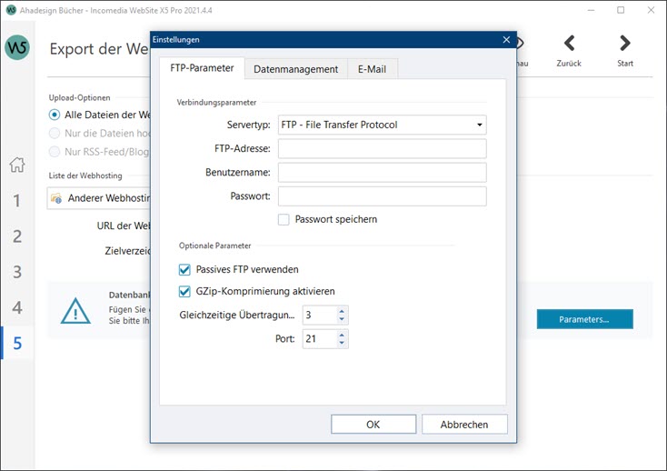 website-x5-webhosting-export-parameter