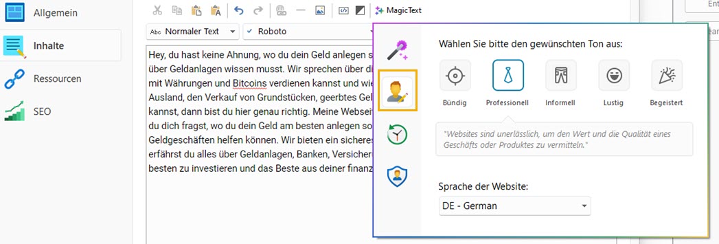 WebSite X5 - MagicText - Einstellungen